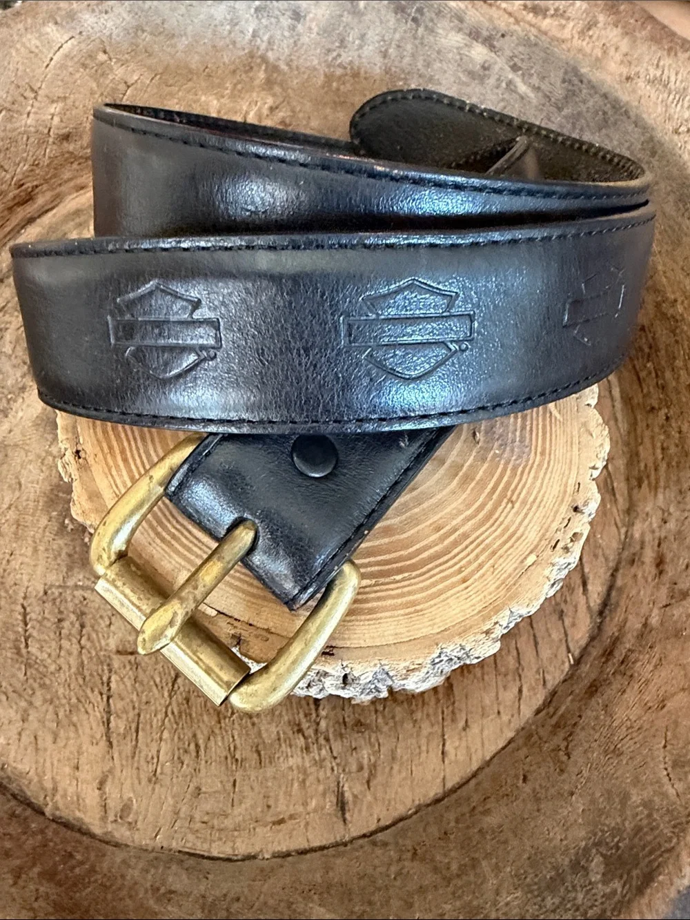 Vintage Black Leather Harley-Davidson Branded Belt Brass Buckle Size 30